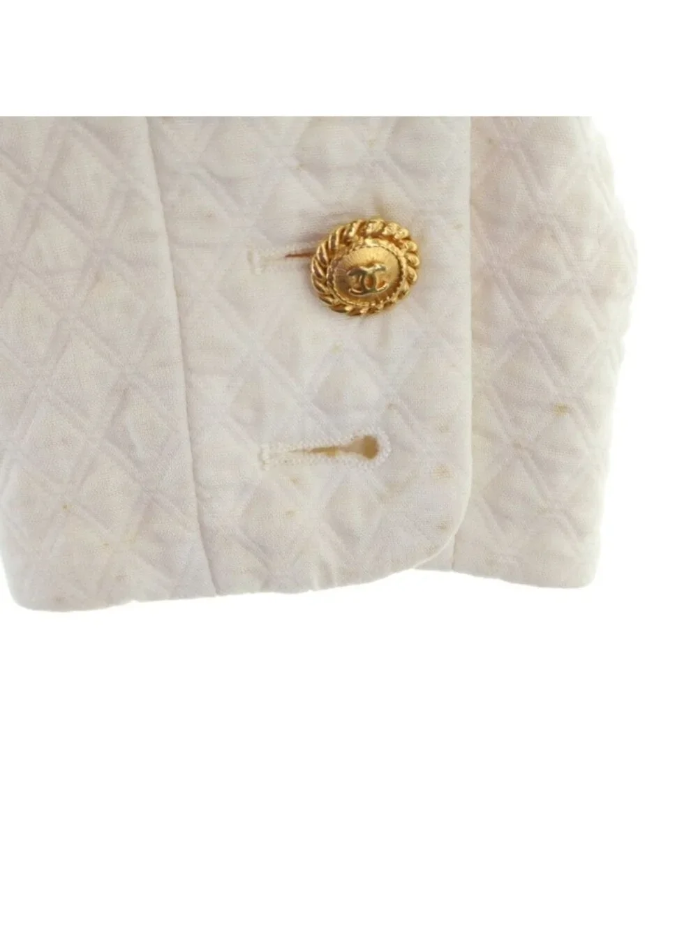 Chanel CC Logo Button Vintage Quilted Cotton Collarless Jacket Short 18 White